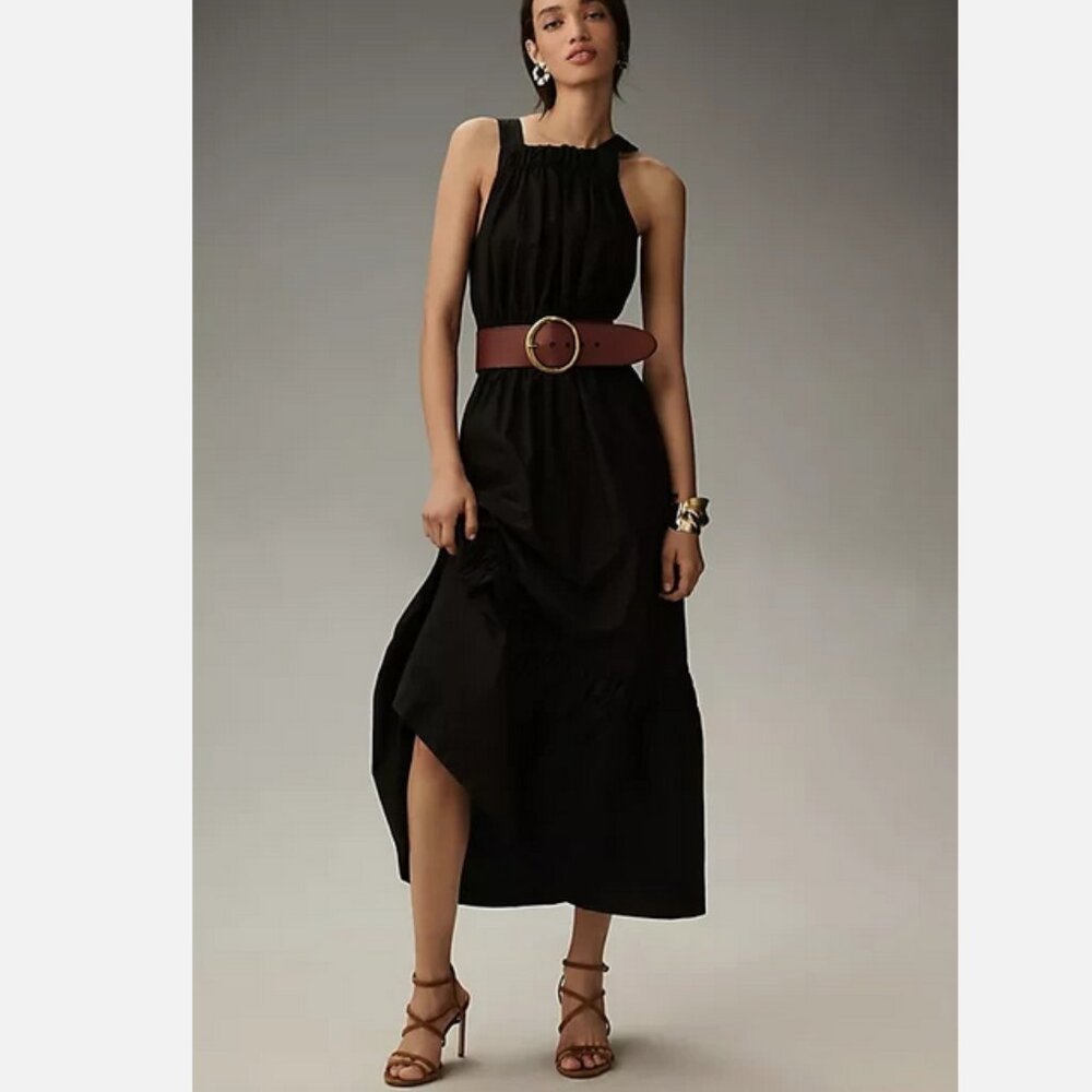 Anthropologie The Somerset Maxi Dress Poplin Halter Tiered Cotton Black 3X NWT